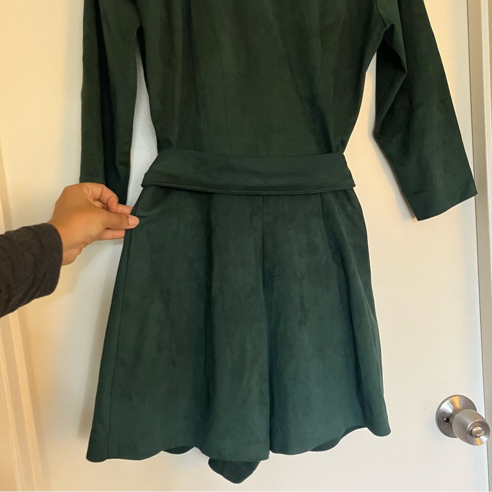 Zara TRF Collection Dark Green Faux Suede Belted Mock Wrap Romper Size Medium. - Picture 6 of 10